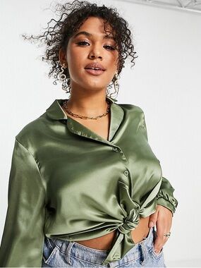 Velvet Heart Olive Green Satin Button Tie Blouse